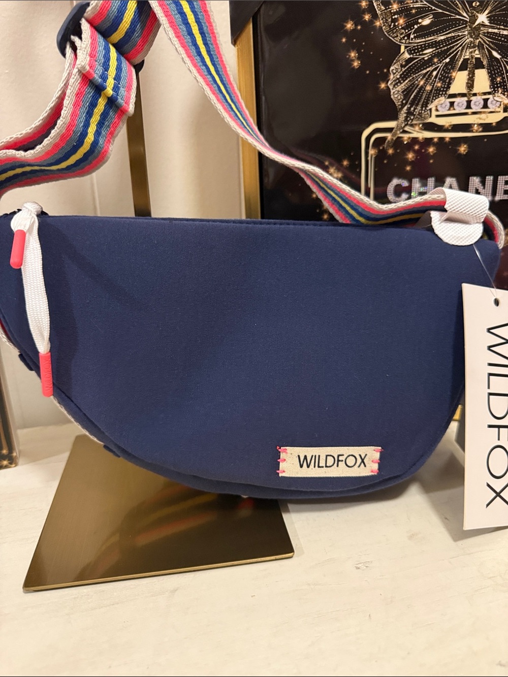 Wildfox Navy Crossbody with Colorful Striped Strap